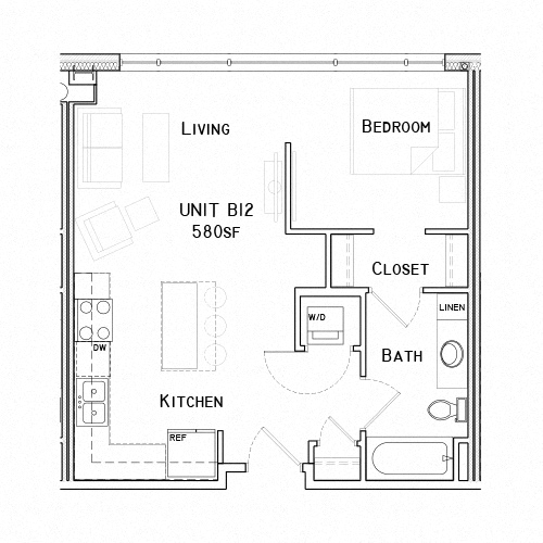 Floor plan for studio, 1 bath, 580 sqft